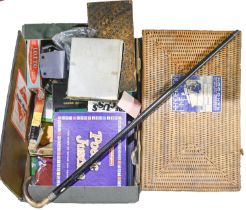 Miscellaneous items, including vintage cameras, wicker basket, horn handled silver mounted walking