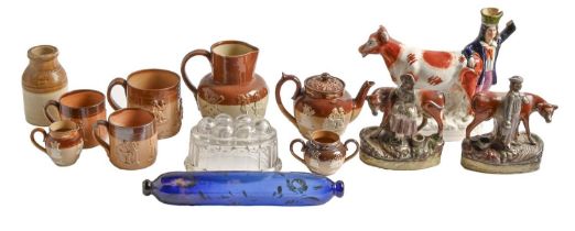 A quantity of 19th c and later ceramics, including saltglazed stoneware jugs, an Adams tobacco jar