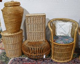 A quantity of wicker furniture, including a three-fold screen, baskets, chairs, canterbury, etc