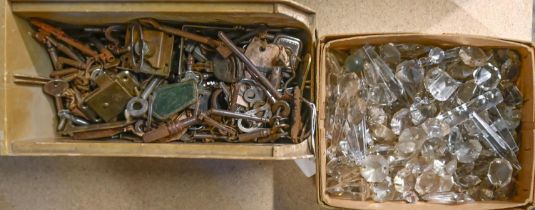 A quantity of cut glass lustre pendants and miscellaneous clock and cabinet keys and locks, early