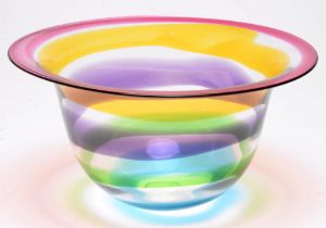 Studio glass. Jane Charles (1961 - ) - rainbow bowl, five colour cased glass, 35cm diam, engraved