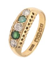 An emerald and diamond ring, in 18ct gold, Birmingham 1917, 3.7g, size L Emeralds heavily scratched