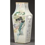 A Chinese porcelain square vase, 19th / 20th c, painted with two scenes with an immortal alternating