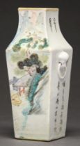 A Chinese porcelain square vase, 19th / 20th c, painted with two scenes with an immortal alternating