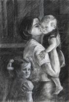 Shirley Bonas RBSA, 20th / 21st c - Motherhood, signed, crayon, en grisaille, 68 x 45cm Good, but