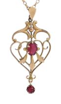 A synthetic ruby openwork pendant, early 20th c, in gold, 43mm, marked 9ct, on gold necklet, 4g