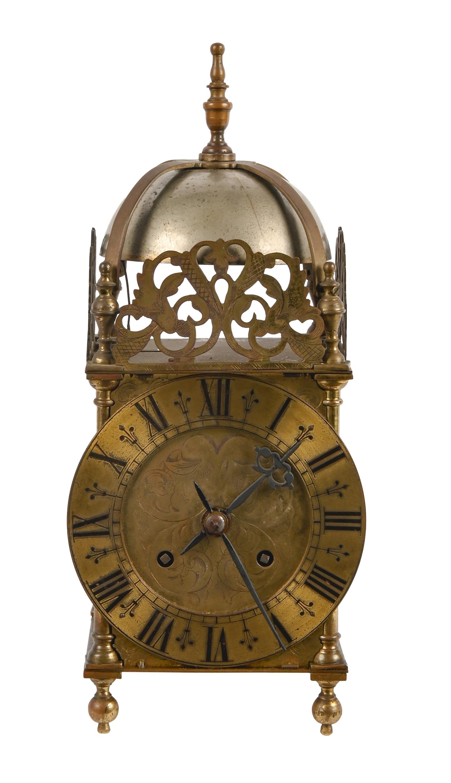 An English brass lantern clock, early 20th c, in 17th c style, the backplate stamped CARTER BOWLES