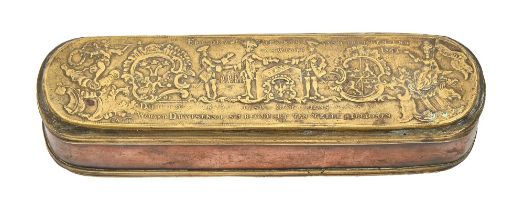 A German brass and copper tobacco box, Iserlohn, by Johannes Adam Kappelmann, stamped with