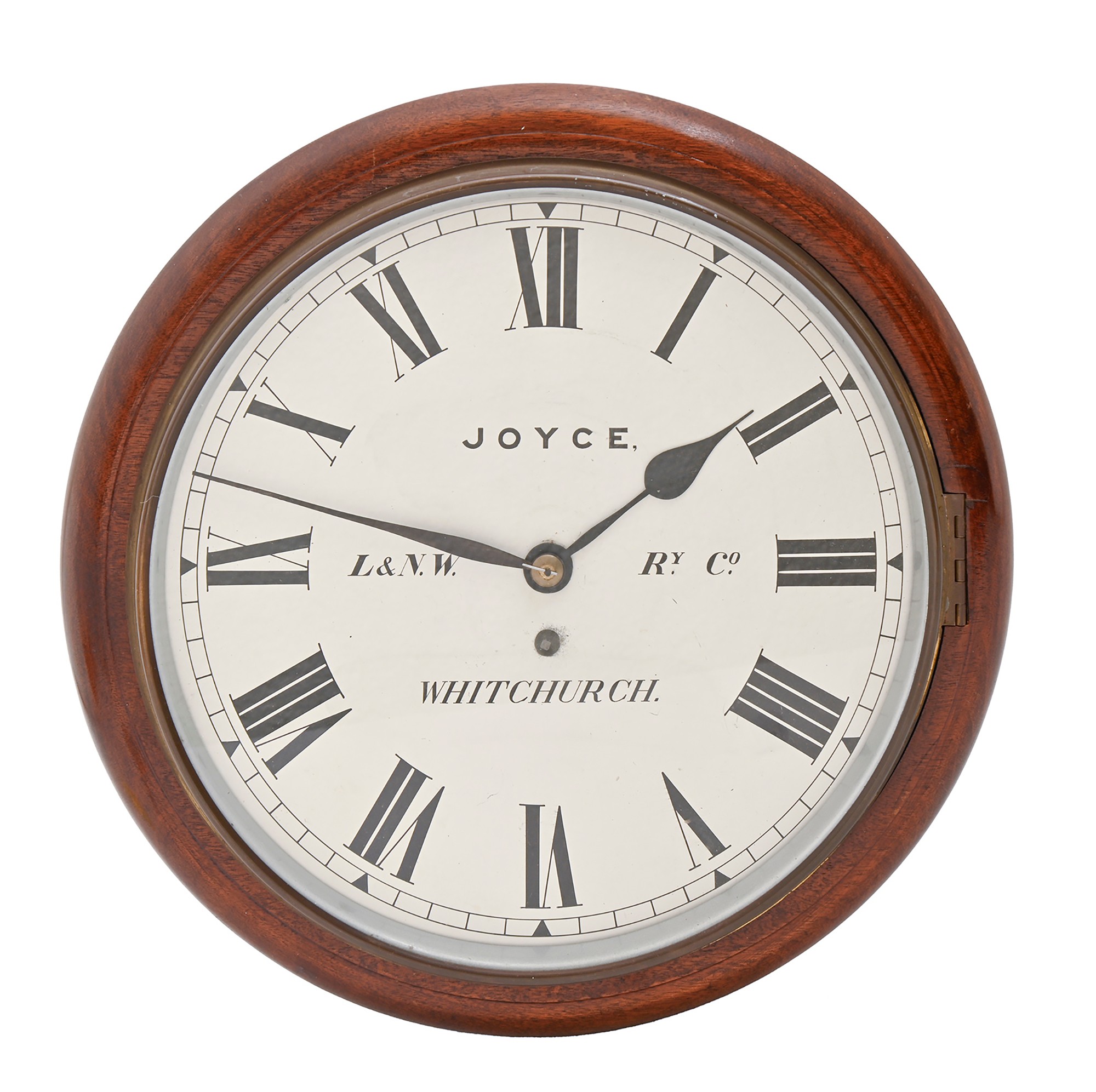 Railway clock. A mahogany wall timepiece, Joyce Whitchurch, the brass fusee movement with 12.5 x