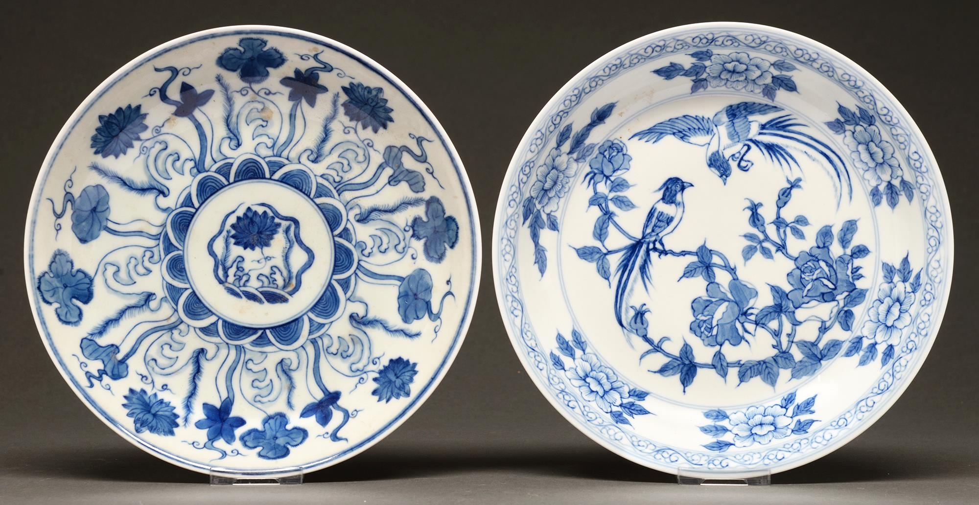 Two Chinese blue and white saucer dishes, 20th c, one finely potted with gently everted rim and