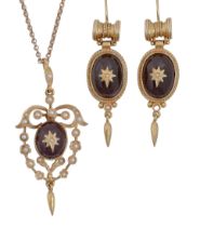 A garnet, split pearl and gold demi-parure, in Victorian style, pendant 50mm h and 9ct gold necklet,