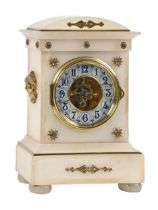 A French giltmetal mounted alabaster mantel clock, with painted enamel dial, the brass movement