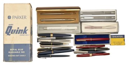Miscellaneous Parker and other fountain pens and ballpoint pens and an ink bottle, boxed