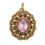 An early Victorian pink foiled paste, split pearl and gold cannetille slide, adapted as a pendant,