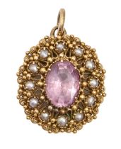 An early Victorian pink foiled paste, split pearl and gold cannetille slide, adapted as a pendant,