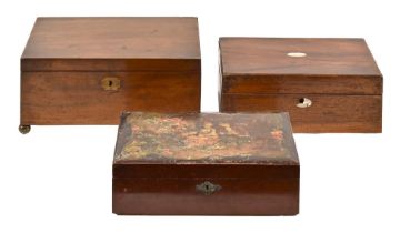 A Victorian mahogany work box, on brass feet, 31cm w; 15 x 23cm, a later stained wood writing box,