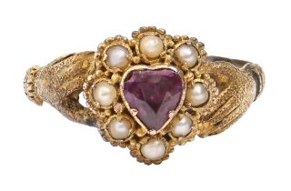 A Victorian heart shaped ruby and split pearl ring, with hand shoulders, in 15ct gold, Birmingham