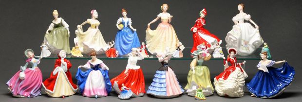 A quantity of Royal Doulton bone china figurines of ladies, including miniatures, some boxed