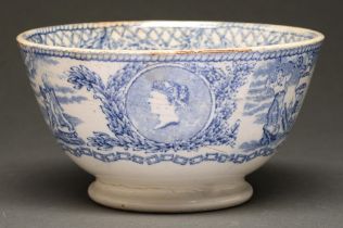 Mess Pottery. A Victorian blue printed earthenware bowl, transfer printed with the head of Queen
