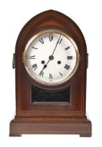 An inlaid mahogany mantel clock with enamel dial, early 20th c, pendulum, 45cm h; 29 x 14cm