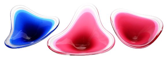 Three Flygfors pink or blue and white cased glass bowls, 42cm l and smaller, engraved mark None