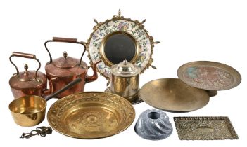 Miscellaneous Victorian and later metalware, including copper kettles, culinary moulds, EPNS biscuit