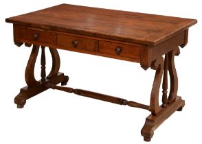 A Victorian oak stretcher table, with drawers and opposing blind drawers, 73cm h; 75 x 122cm Top