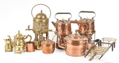 Miscellaneous Victorian and later metalware, including copper kettles, brass tea urn, trivets, etc