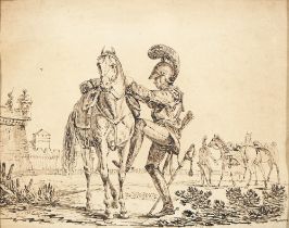 Continental School, first half 19th c - A Dragoon Mounting his Horse, pen-and-ink on paper, 22.5 x