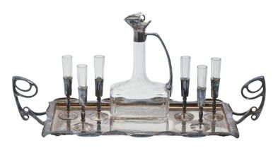 A stylish Argentor EPNS drinks tray and EPNS mounted Moser glass decanter and six goblets, c1930,