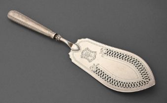 A George III pierced silver armorial fish slice, silver hafted, by William Abdy, London 1796