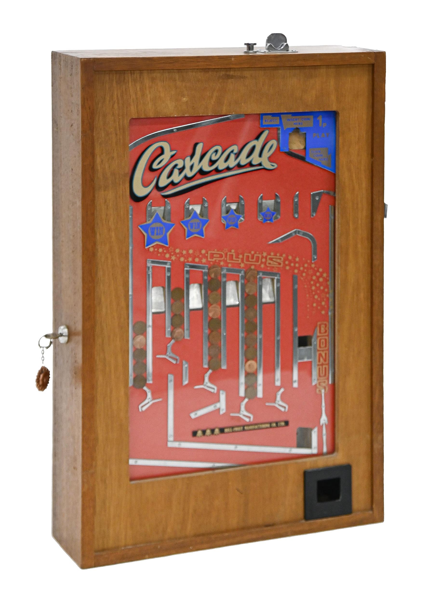 Mechanical Gaming. A Bell Fruit table-top cascade penny falls slot machine, C. 1970's, oak case,