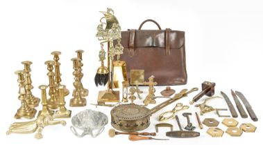 Miscellaneous Victorian and later brass ware, including candlesticks, chestnut roaster, wick