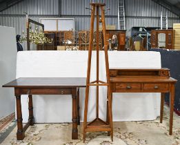 A 1930s oak brass mounted tripod hall stand with copper tray, 182cm h, a later mahogany side