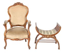 An Edwardian mahogany and inlaid dressing stool, with slatted ends and a Northern European carved