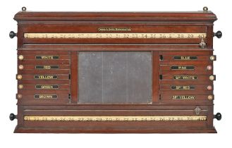 A mahogany billiard's scoreboard, Orme & Sons Manchester, c1900, ivory and stained ivory knobs, 58 x