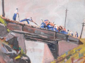 Modern School, 20th c - Railway Workers, bears a signature, gouache on paper, 29 x 39cm Colours