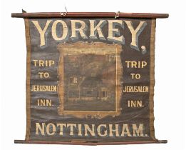 Nottingham interest. An unusual pictorial painted canvas banner of the Trip to Jerusalem Inn