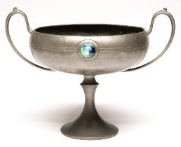 An English Arts & Crafts pewter pedestal rose bowl set with Ruskin type glazed earthenware jewels,