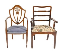 A George III mahogany ladder back elbow chair and an Edwardian mahogany and line inlaid elbow