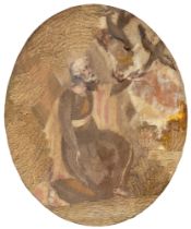 A George III silk needlework oval picture of Elijah and the Birds, in verre eglomise mount and