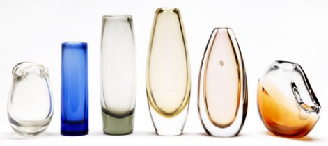 Six mid-century cased and other glass vases, largest 22cm h, one indistinctly signed Good condition