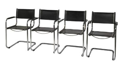 A set of four chromium plated tubular steel and black leatherette elbow chairs, c1980 Some faults