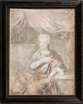 French School, late 17th/early 18th c - Portrait of a Lady of Title, three-quarter length, sitting
