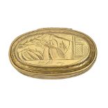 A Dutch oval brass tobacco box, 18th c, the lid engraved with Moses, the underside with another