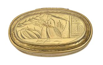 A Dutch oval brass tobacco box, 18th c, the lid engraved with Moses, the underside with another