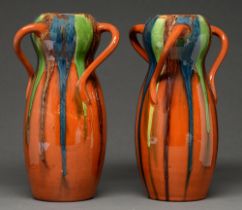 A pair of Belgian art pottery three handled vases, c1910, with bulbous neck, 31cm h Undamaged