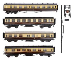 Four 7mm finescale GWR twin bogie corridor coaches, built by Exley, M A Taylor and others, including