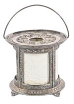 A cast and plated iron lithophane candle light of lantern form, early 20th c, with two mountain