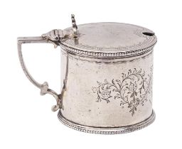 A Victorian silver mustard pot, with beaded rims, blue glass liner, 70mm h, by William and Henry